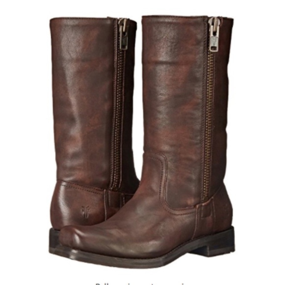 Frye Heath Boots Outside Zipper Mid Calf Shaft Maple Leather